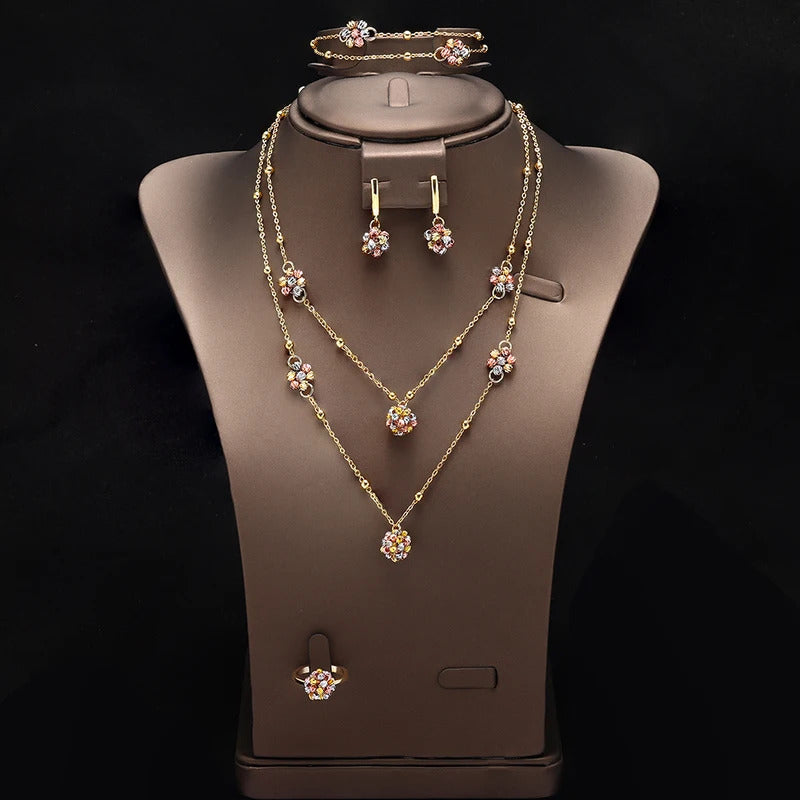 Fashionable 4-piece set of hand-woven gold and multi-color copper beads wavy line wear Open cuff bracelet ring for women's daily