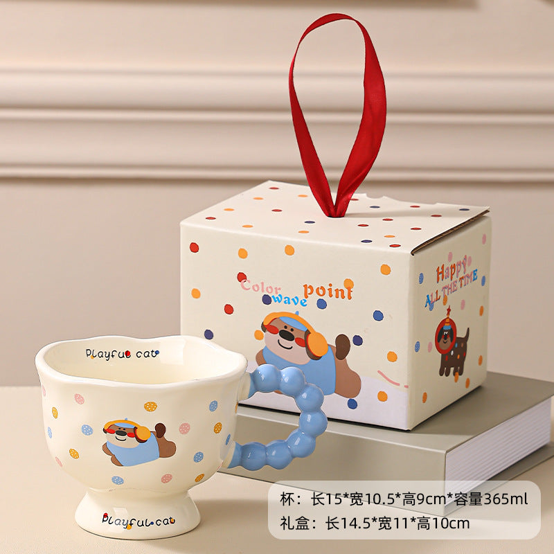 Cute Wave Point Ceramic Cup Mug Home Coffee Cup Couple Cartoon Creative Water Cup Ceramic Breakfast Cup