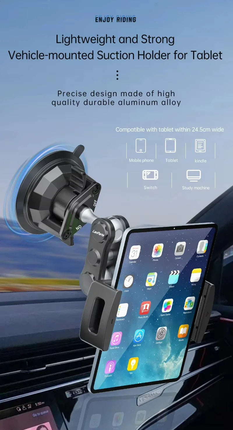 Aluminum Alloy Car Tablet Holder, 360° Rotatable Adjustable Stand with Strong Suction Cup Mount for 4-12.9" Tablets/Phones