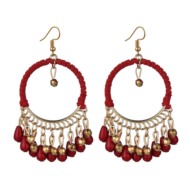 Ethnic Style Handwoven Earrings Bohemian Retro Round Water Drop Tassel Earrings