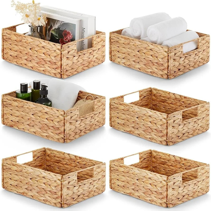 6 Piece Woven Water Hyacinth Storage Baskets Handcrafted Organizers with Handles Home Office Kitchen Living Room