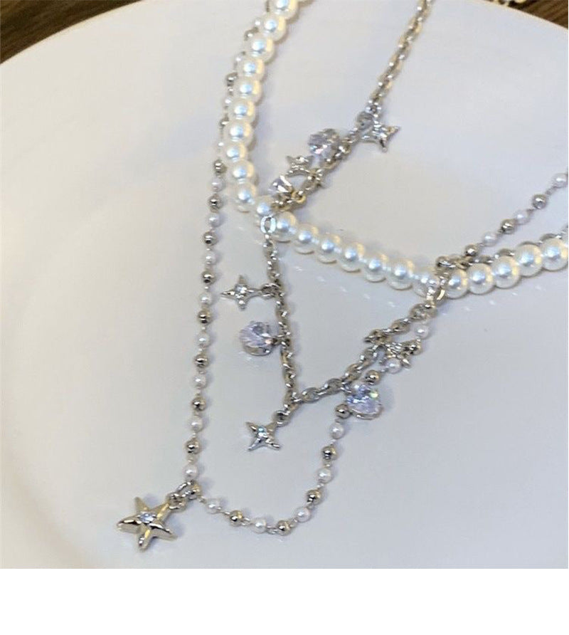 Iterative Five-pointed Star Pendant Pearl Necklace Cold Style Light Luxury Spice Clavicle Chain