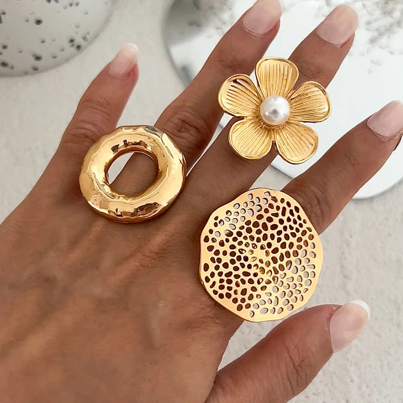 Ingemark Creative Unique Metal Petal Flower Branch Open Ring Women Punk Gold Color Geometric Adjustable Rings Y2K Couple Jewelry