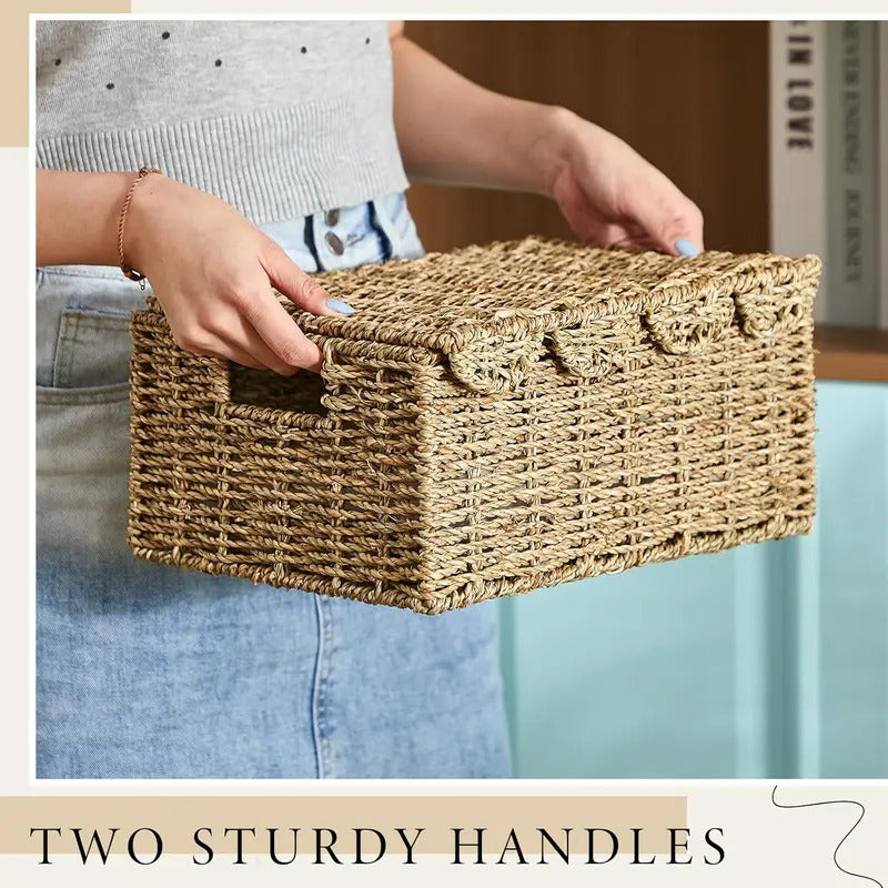 2 Pcs Scalloped Edge Wicker Basket with Lid Wicker Baskets for Organizing Storage Wicker Woven Handwoven Basket with Handles