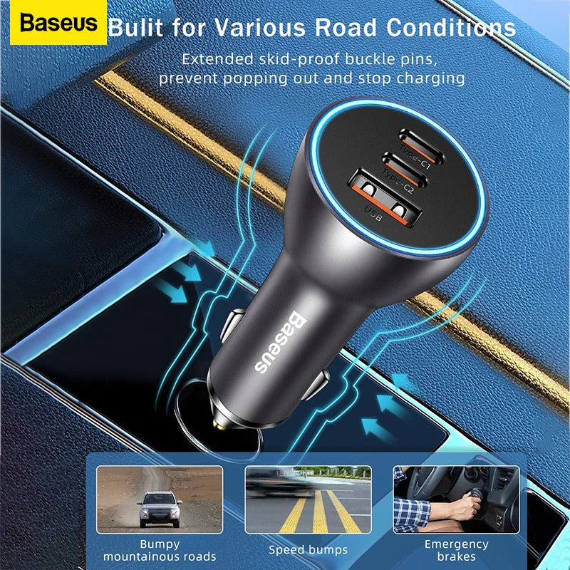 Baseus 65W Car Charger USB Type C Quick Charge 4.0 QC 3.0 PD Fast Charging For iPhone 13 Xiaomi Samsung Huawei USB C Car Charger