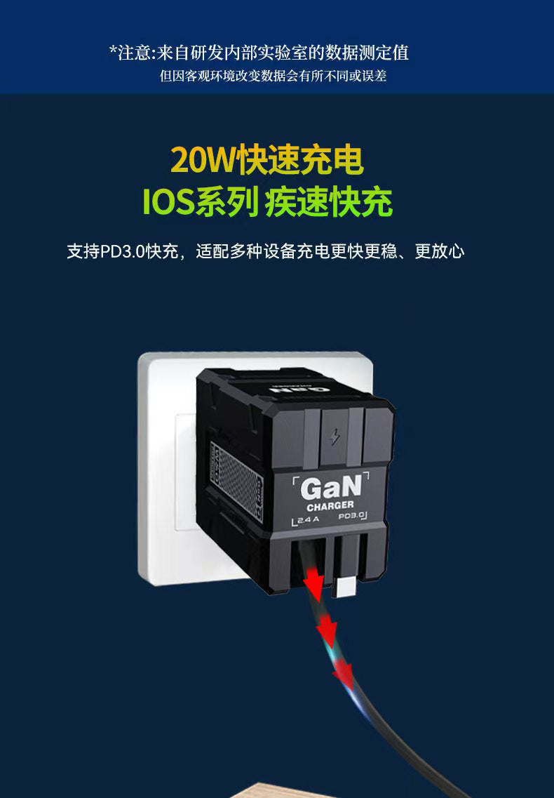 Mecha Style Fully Compatible GaN Fast Charger Compatible with Apple and Android Fast Charging Dual Retractable Cable Charger