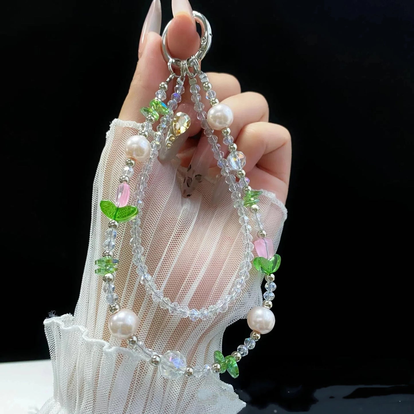 For 16 Mobile Phone Chain Dazzle Tulip Butterfly Double Chain Crystal 15 Mobile Phone Case Chain Lanyard Gradient Niche Fashion