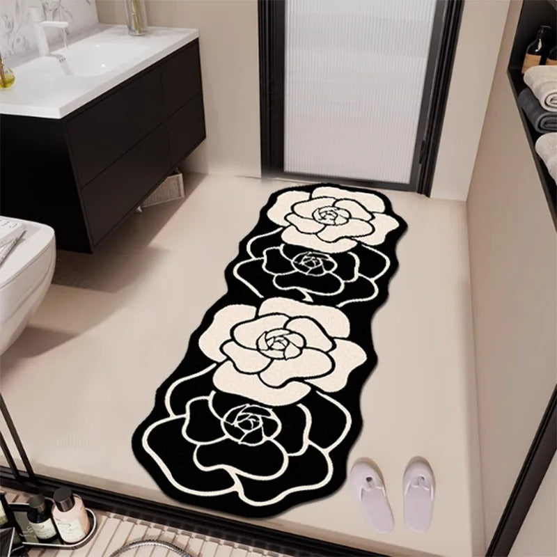 Personalized Design Camellia Flower Fluffy Carpet Bathroom Absorb Foot Mat Non-slip Floor Mat Home Decor Minimalist Bedroom Rug