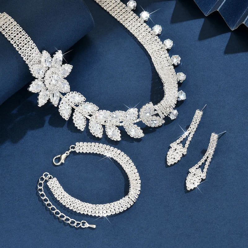 4PC Women's Fashion Flower Necklace Earrings Bracelet Jewelry Set Light Luxury Suitable for Wedding, Party, Festival Gifts-8541