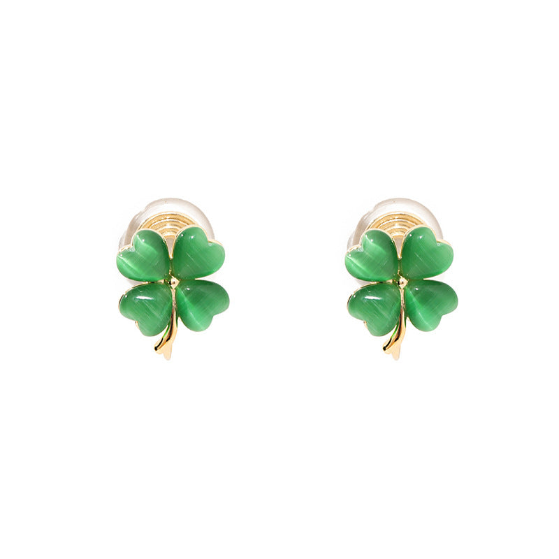 Heart Clover Mosquito Coil Clip-On Earrings Without Piercing Cat's Eye Stone Earrings for Women Sweet Studs Light Luxury Elegant Earrings