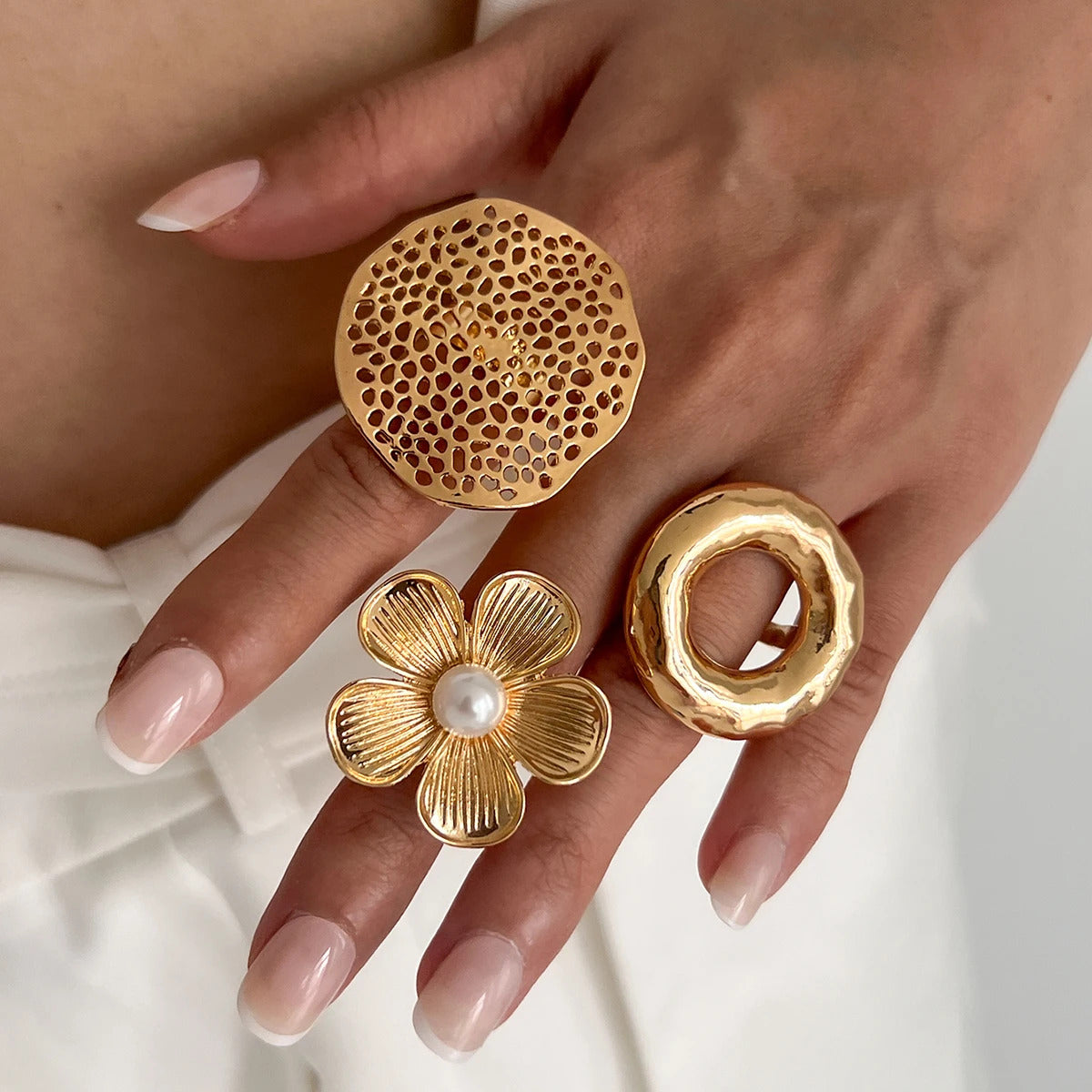 Ingemark Creative Unique Metal Petal Flower Branch Open Ring Women Punk Gold Color Geometric Adjustable Rings Y2K Couple Jewelry