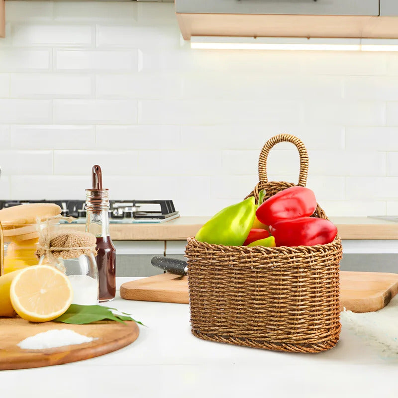 Brown Storage Basket Large Space Woven Storage Basket Kitchen Hanging Vegetable Organizer Fruit Ginger Garlic Box