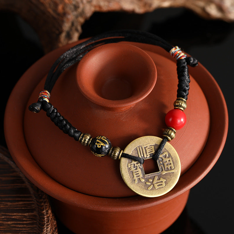 Five Emperor Coins Woven Bracelet Pure Copper Copper Coins Woven Five Emperor Coins Qianlong Copper Coin Bracelet Red String