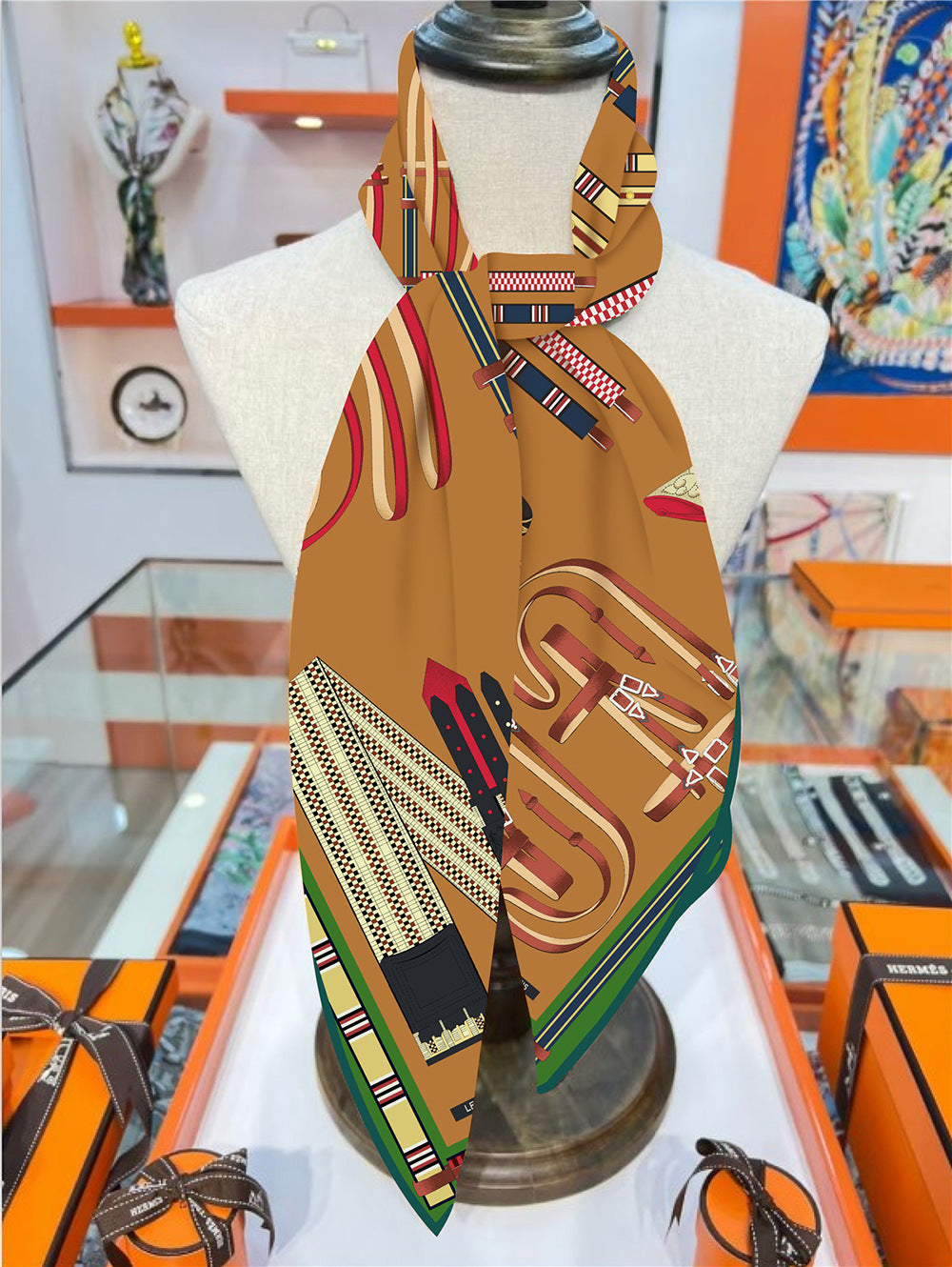 90cm Silk Scarf Women Belt Chain Design Square Scarf Head Echarpes Silk Foulards Femme Wraps Beach Shawls Bandana Lady Hijabs