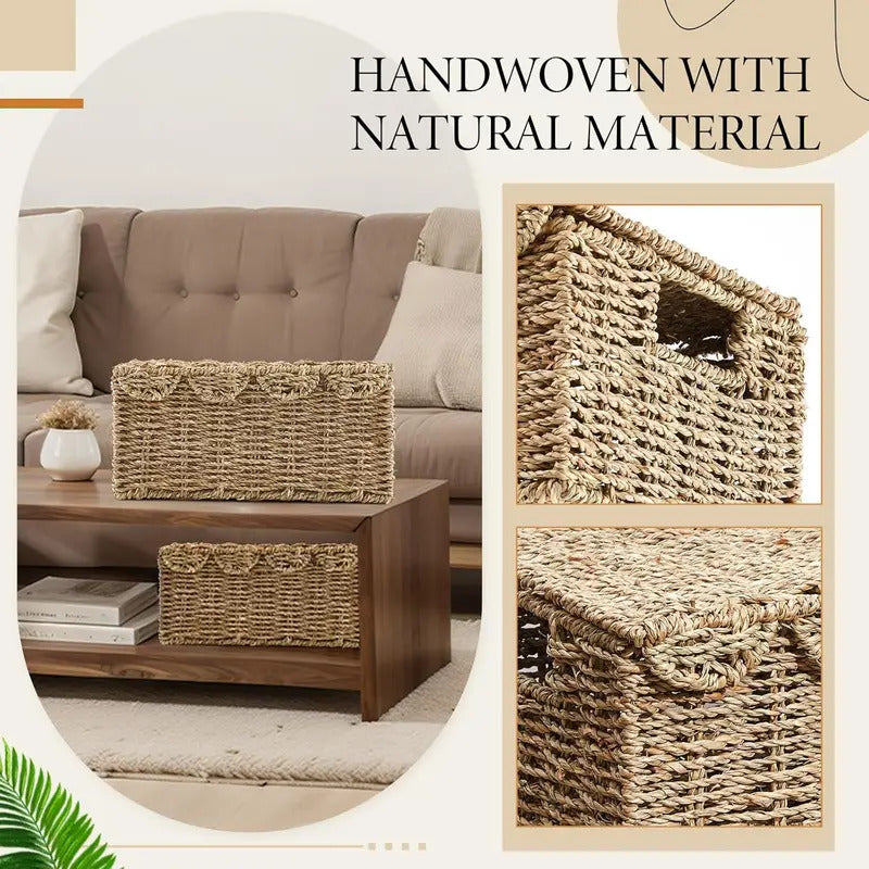 2 Pcs Scalloped Edge Wicker Basket with Lid Wicker Baskets for Organizing Storage Wicker Woven Handwoven Basket with Handles