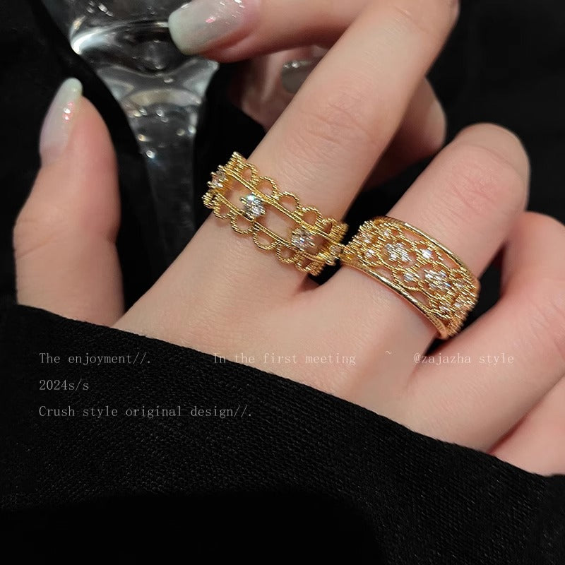 Wide Hollow Lace Open Ring French Retro Exquisite Commuting White Wear Ring
