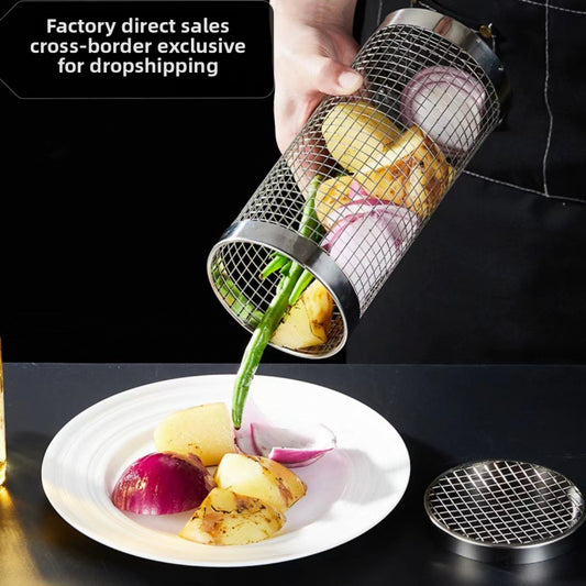 Stainless Steel BBQ Grill Net Tube Outdoor BBQ Cage Rolling BBQ Tube Cylindrical BBQ Net Meat Roasting Cylinder