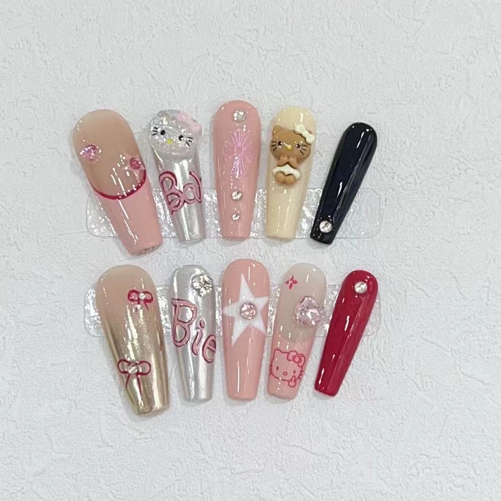 Wear Nail Handmade High Sense Finished Nail Beauty Fake Nail Patch Sweet Cool Hot Girl Cat Manicure Detachable Use
