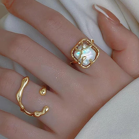 2PCS Y2K Stylish Geometry Gold Color Irregular Rings Set for Women Teens Personality Cool Daily Party Decor Jewelry Accessories