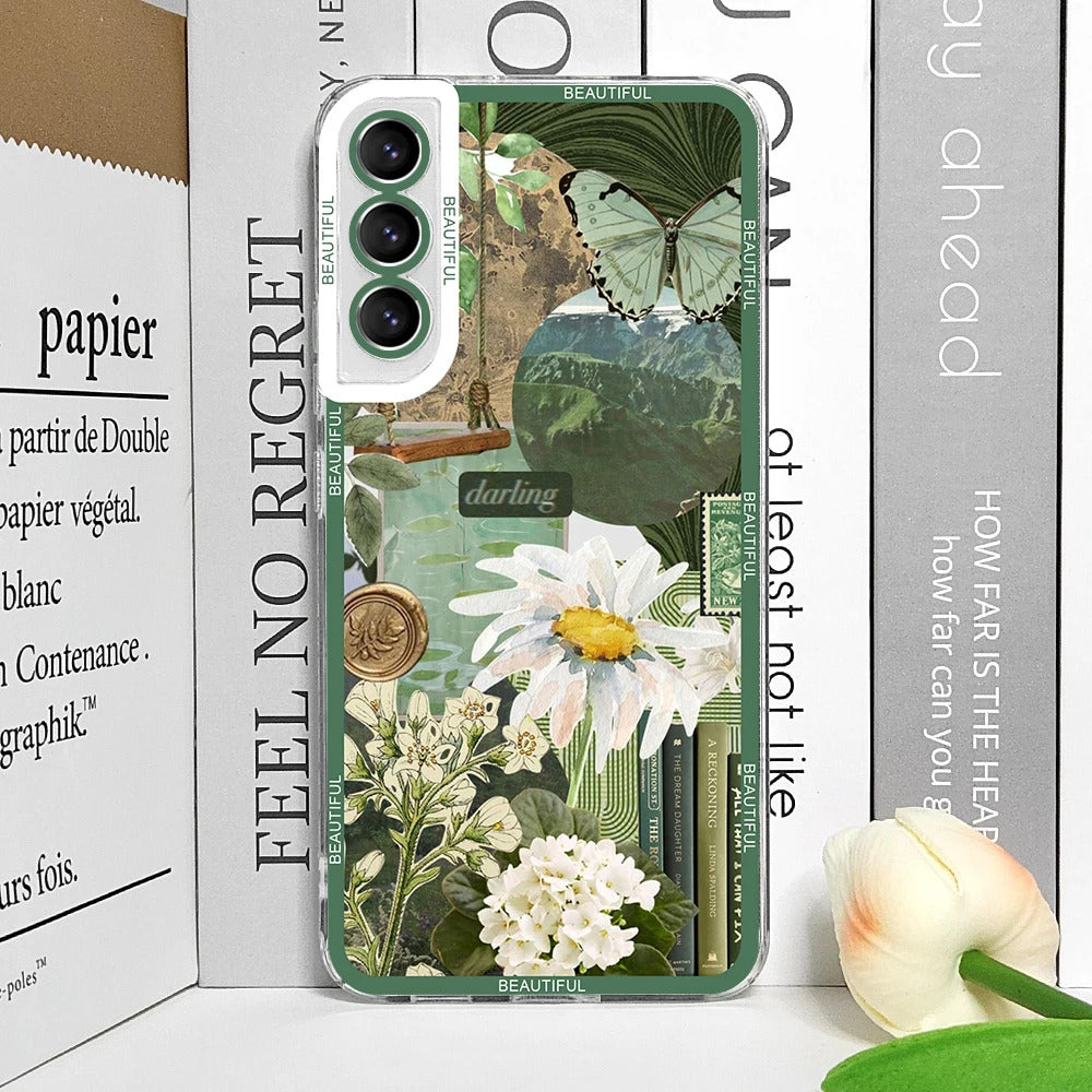 Cool Green Retro Flower Stickers Phone Case for Samsung Galaxy A55 A54 A53 A52 A51 A70 A22 A13 4G 5G Soft TPU Clear Cover Fundas