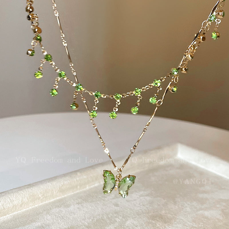 Blue Butterfly Double Tassel Necklace Summer Cool Necklace Accessories Female Niche Clavicle Chain