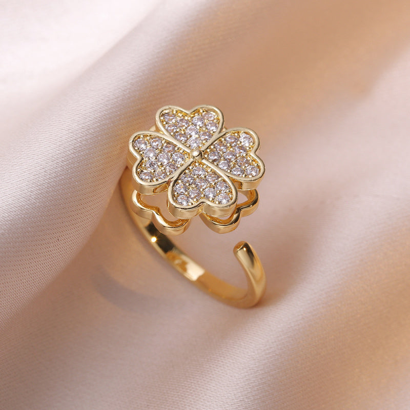 Rotating Ring for Women with Micro Paved Zircon, Elegant and Minimalist Style, Versatile Full Diamond Round Clover Ring Jewelry