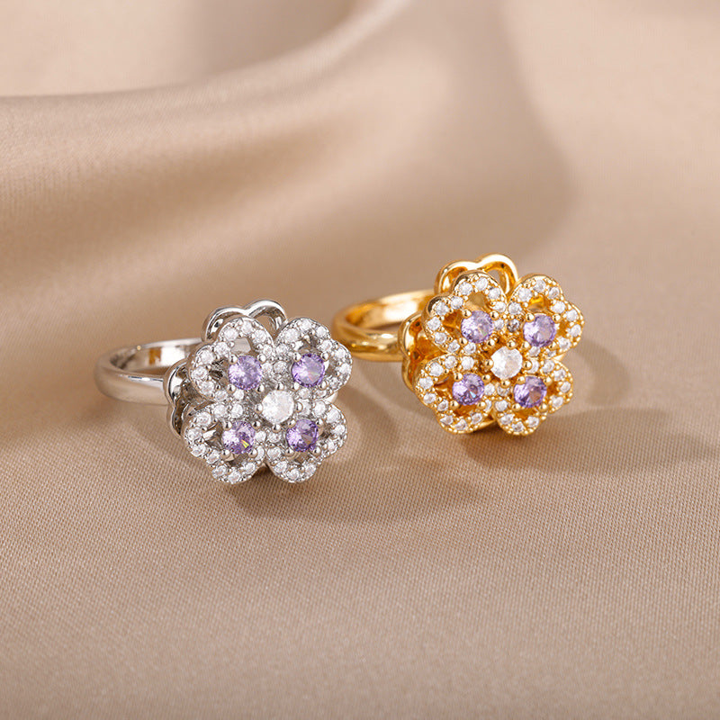 New Rotatable Zircon Flower Open Ring for Women, Unique Design Stress Relief Ring Wholesale