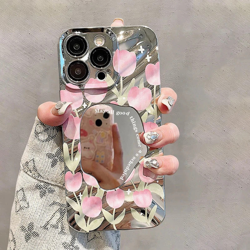 Pink Tulip Flower Phone Case For iPhone 11 Case iPhone 16 13 12 14 15 Pro Max Plating Make Up Mirror Wavy Soft Shockproof Cover