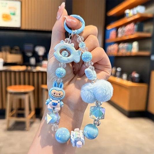 New Labubu wool ball bead Phone Chain Girls Kawaii Cartoon Backpack Pendant Cute Keychain Lanyard Bag Charm Mobile Case Gift