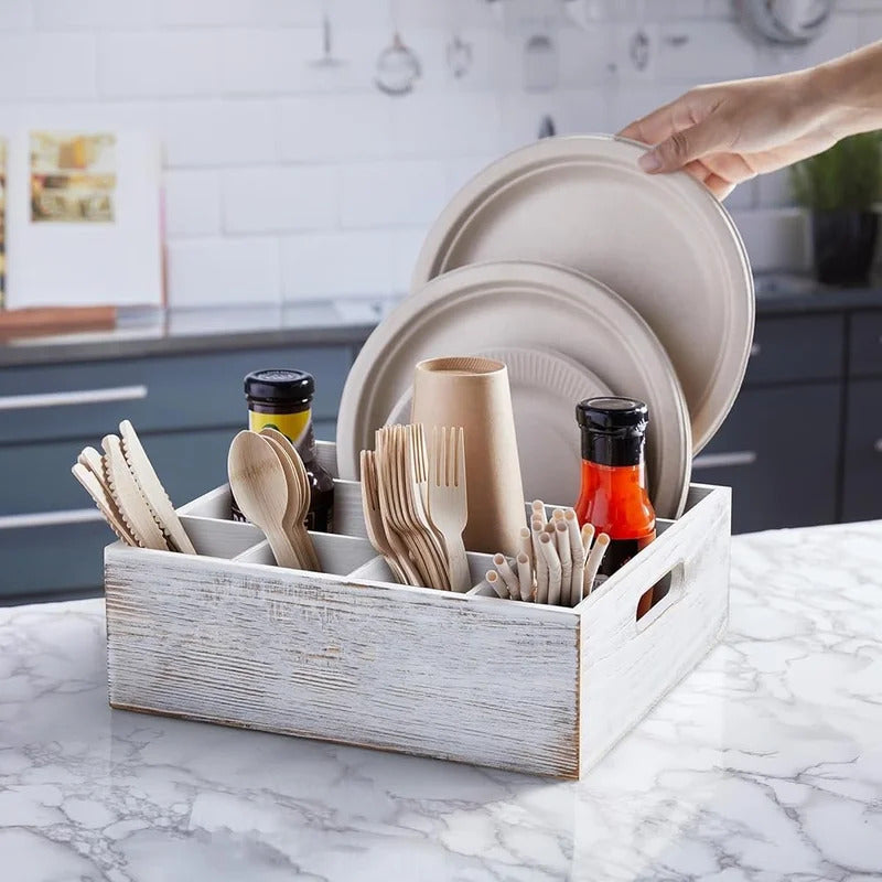 Rustic Utensil Holder Parties Kitchen Paper Plate Organizer Caddy with 6 Compartments Cups Forks Spoons and Napkins Storage