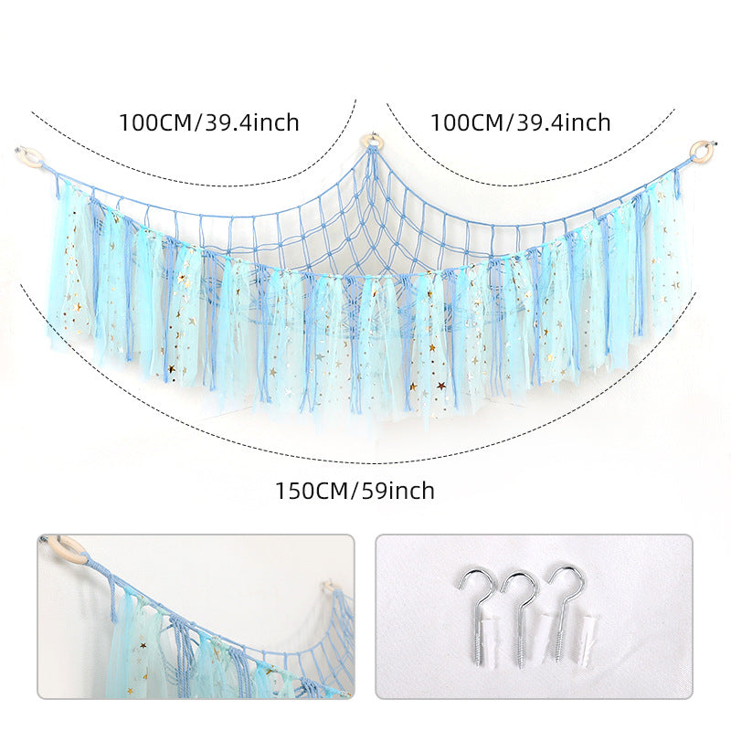 Cross-Border Ribbon Cotton String Doll Net Bag Hand-Woven Ribbon Triangle Net Bag Storage Net Bag Cotton String Wall Hanging Hammock