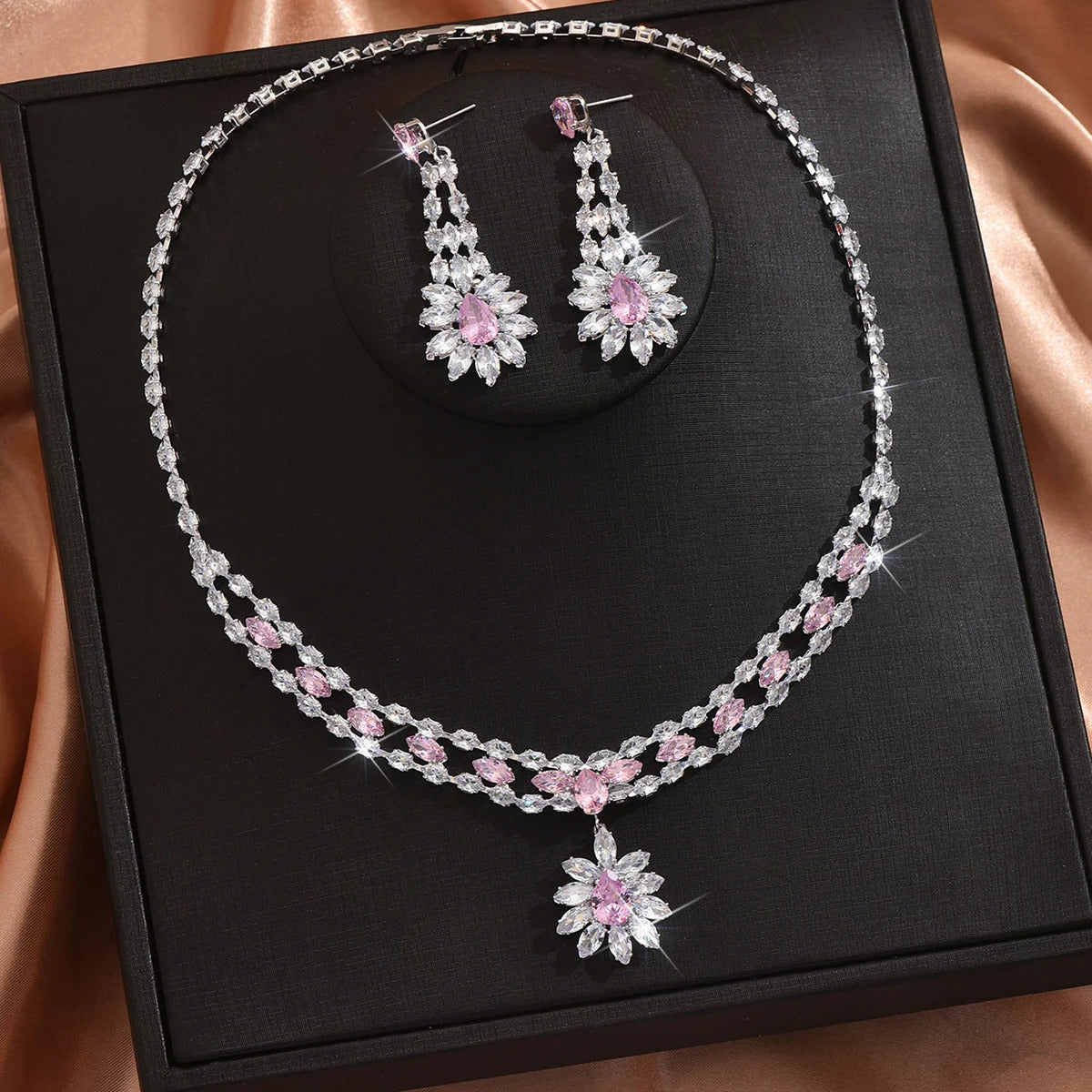 3PC Women's Fashion Zircon Flower Fresh Necklace Earrings Jewelry Set Design Sense Wedding Party Festival Gift-8556