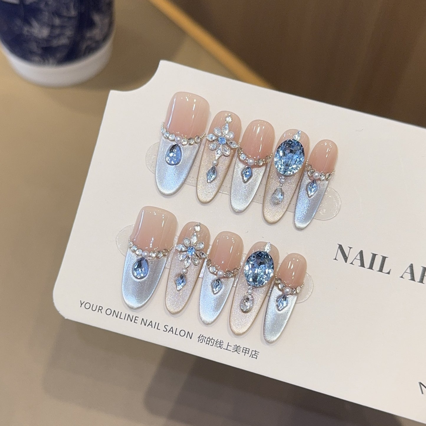 Heavy Craft Light Luxury Blue Full Diamond French Cat Eye Handmade Wearable Nails High-End Long Style Nail Art Fake Nail Tips