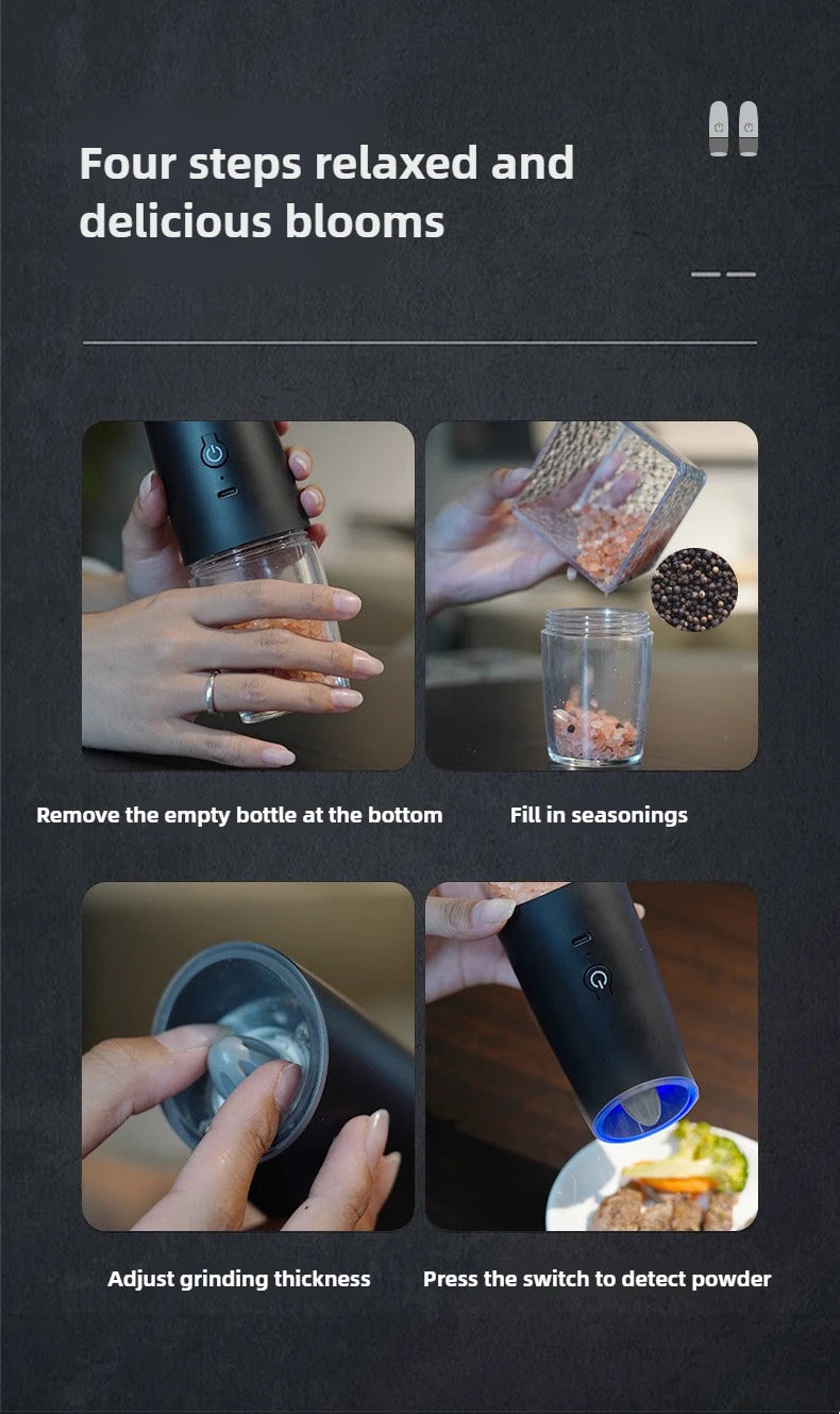 USB Rechargeable Electric Salt and Pepper Grinder Adjustable Coarseness Large Capacity Auto Spices Grinders Kitchen Cooking Tool