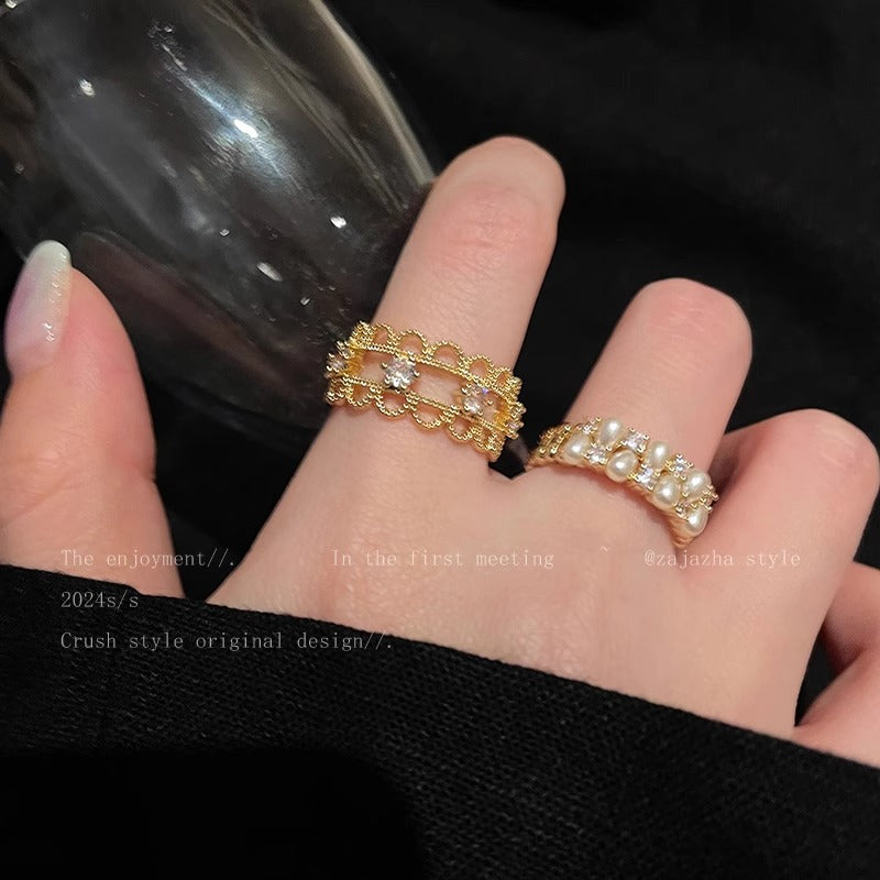 Wide Hollow Lace Open Ring French Retro Exquisite Commuting White Wear Ring