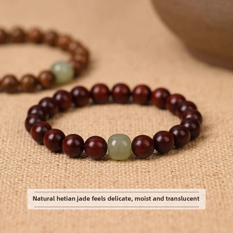Natural Small Leaf Red Sandalwood Bracelet for Men and Women Couples Black Ebony Wooden Buddhist Beads Golden Silk Sandalwood Bracelet Hetian Jade Top Beads