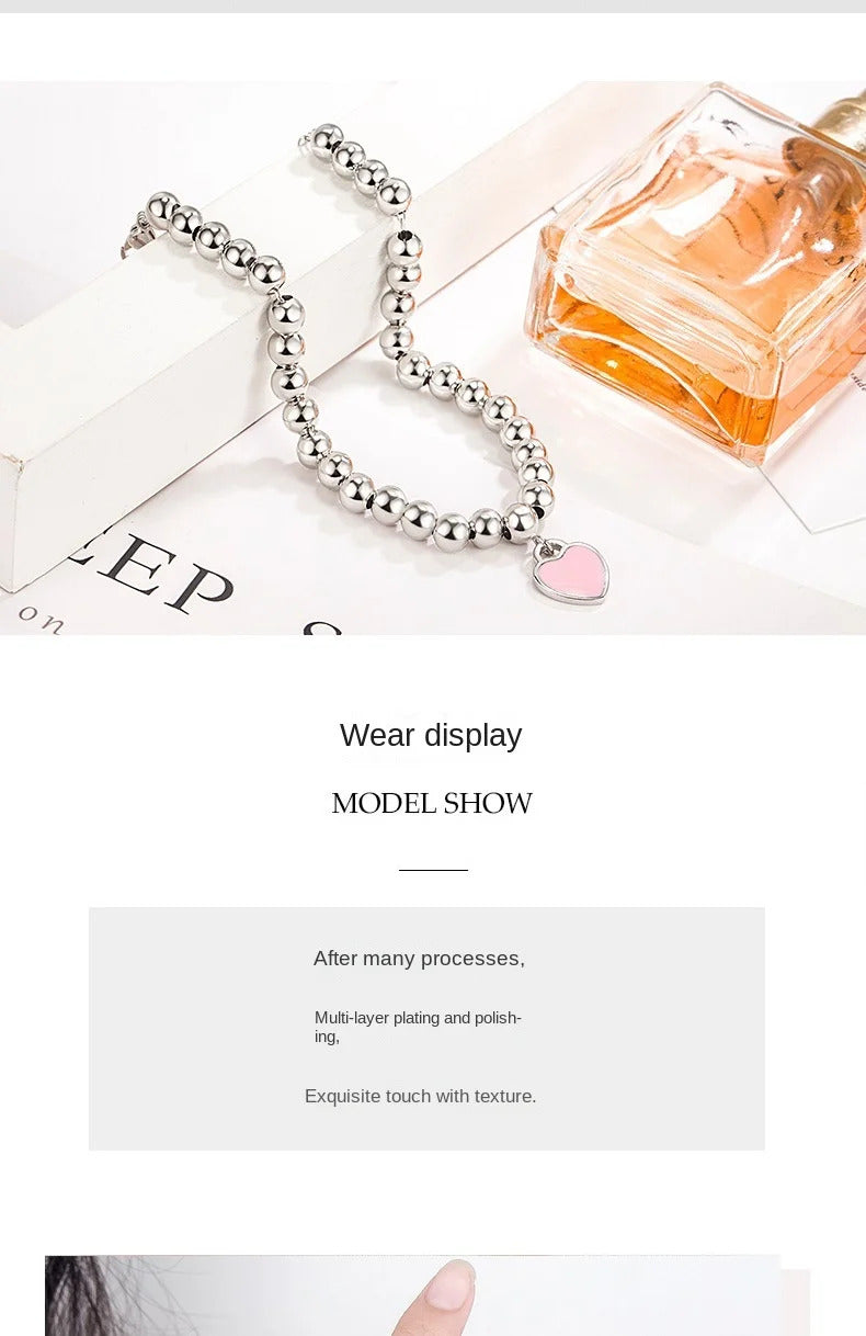 Designer 925 Silver Jewelry Necklace Woman Retro Heart-Shaped Enamel For Girls Cute Silver Bead Birthday Gift