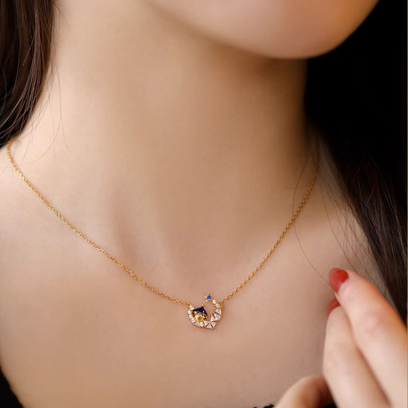 S925 Sterling Silver Crown Moon Castle Necklace for Women Fashion Exquisite Vintage Palace High-end Clavicle Chain Trend