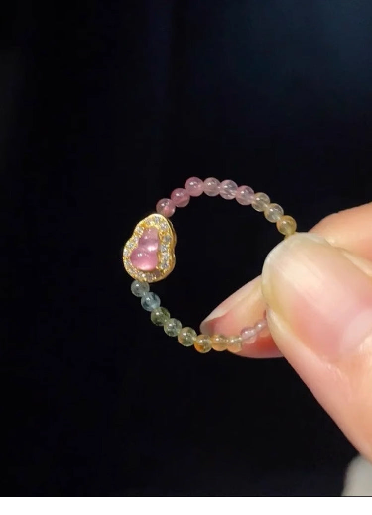 Natural Color Tourmaline Gourd Ring for Women, Niche Design, Non-Fading Crystal Ring, Light Luxury High-End Feel Hand Jewelry