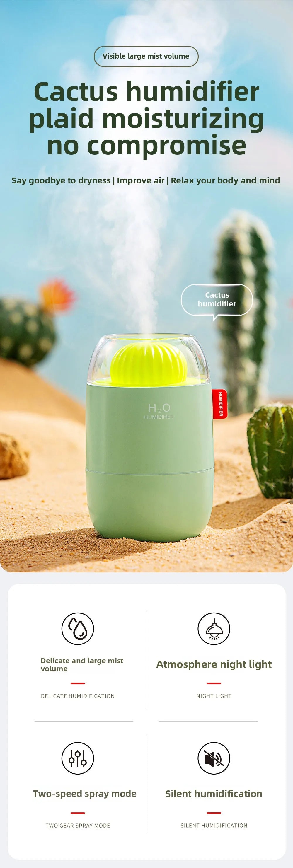 Creative Cactus Air Humidifier USB Electric 280ML Capacity Aroma Essential Oil Diffuser Color Lights Mist Spary for Home Bedroom