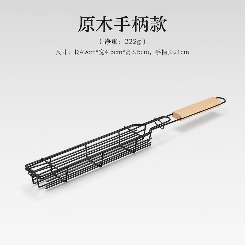 Cross-Border Wooden Handle BBQ Cage Outdoor Camping Meat Vegetable BBQ Net Rack Picnic Grilling Tool Charcoal Grilled Sausage Skewers