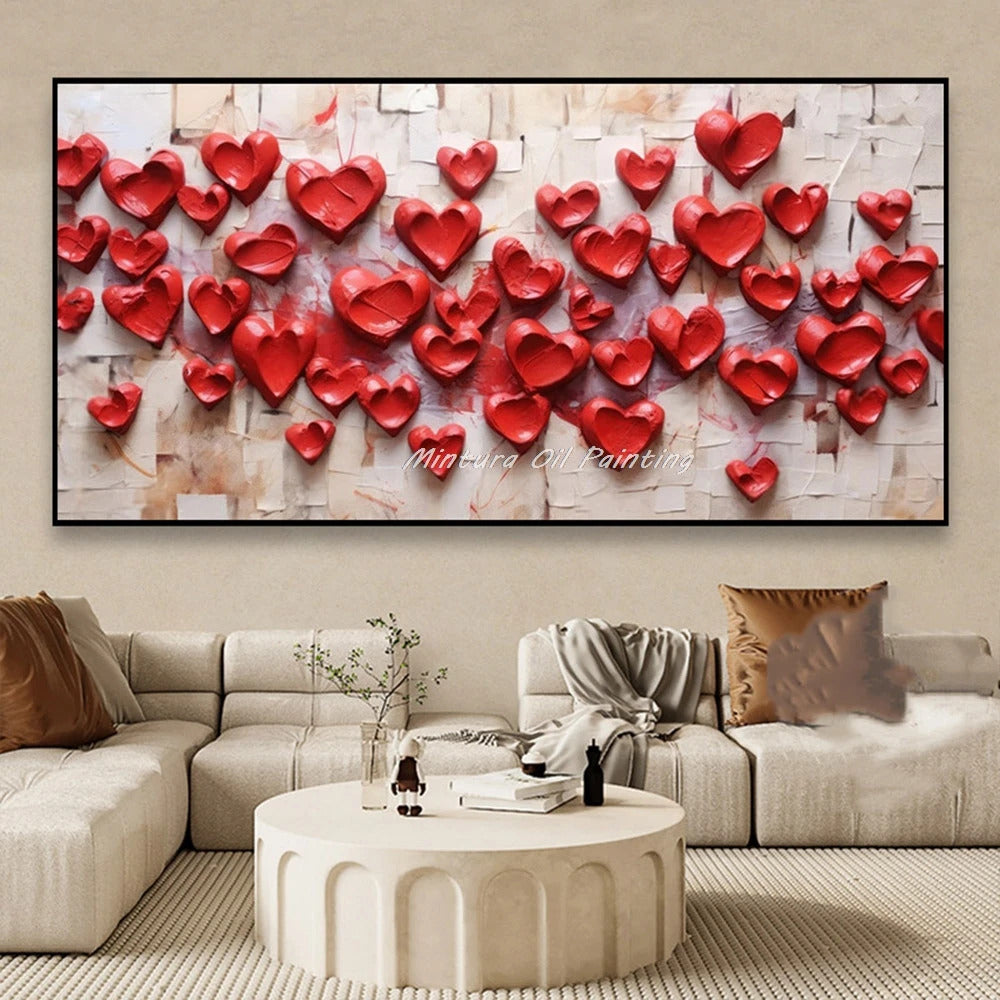 Mintura,100% Handmade Knife Graffiti Pink Red Heart Oil Painting on Canvas,Modern Abstract Wall Art Picture,Room Home Decoration