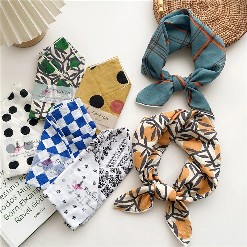 Cotton Linen 55cm Square Scarf Women Kerchief Flower Print Geometric Neckerchief Scarves  Headwrap Bandanas Hairband Headbands