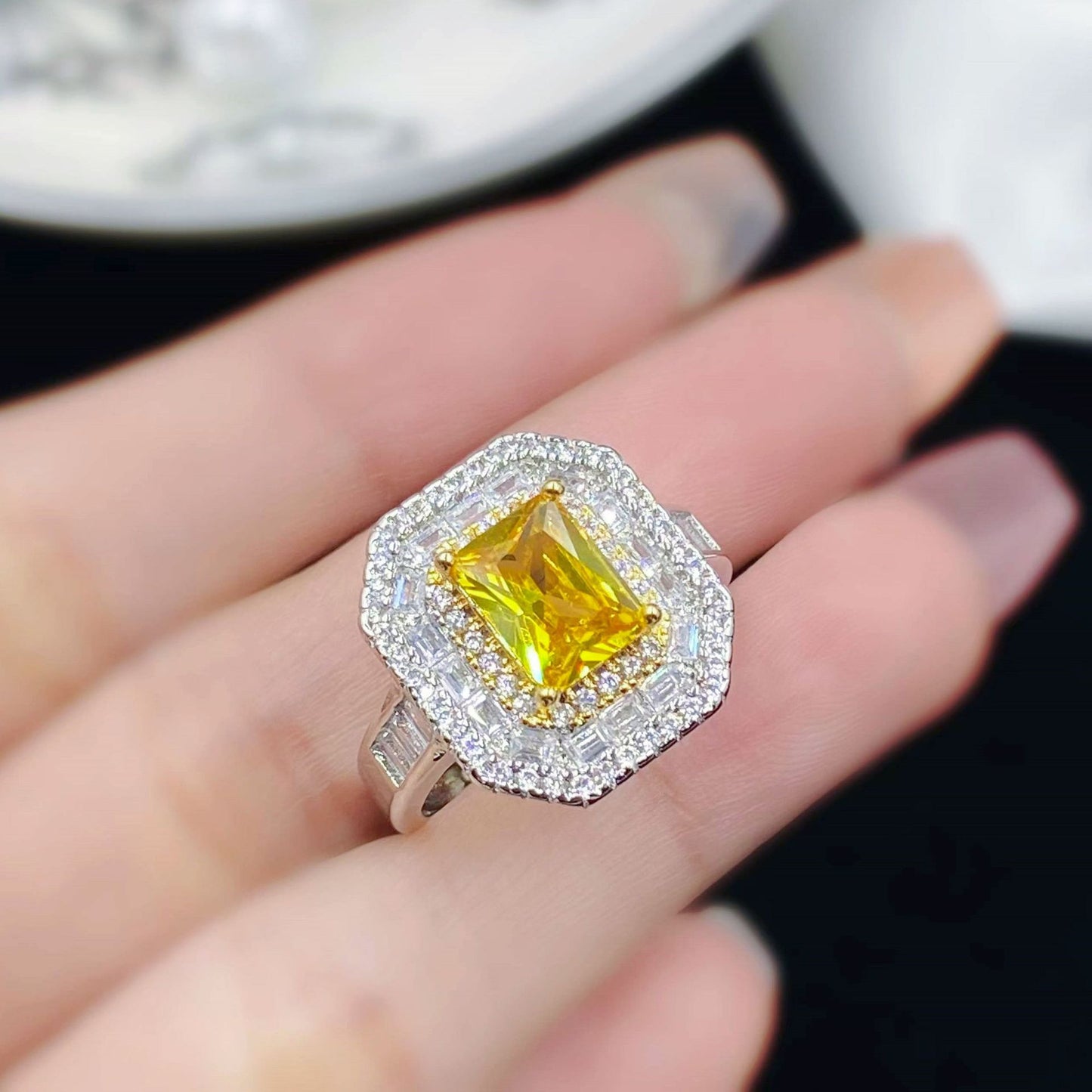 Hot New Princess Square Simulation Citrine Full Diamond Opening Ring Female Temperament Ring