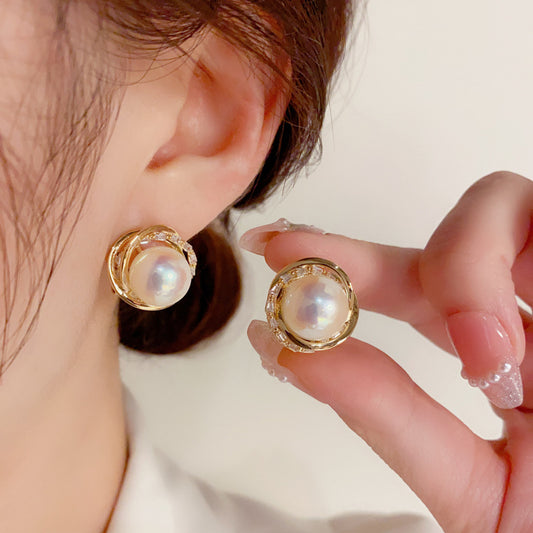 S925 Silver Needle Korean Fashion Simple Diamond-Studded Wrapped Pearl Earrings Exquisite Petite Versatile Socialite Earrings