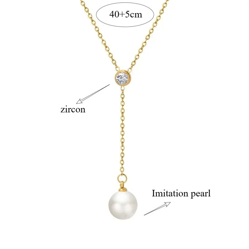 Women's Korean Style Stainless Steel Necklace Pearl Tassel Pendant Chain Zircon Minimally Designed