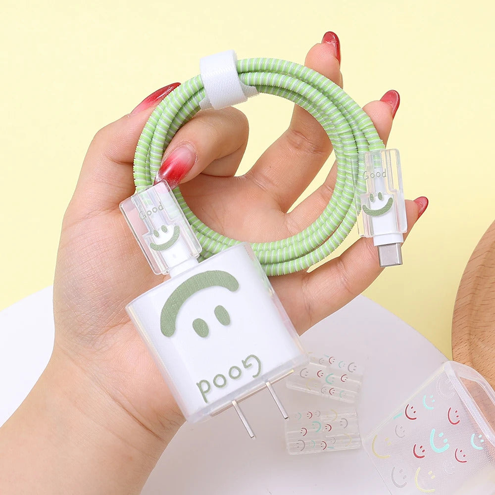 USB Cable Protection For Iphone 15 14 13 12 Cover Smiling Face Style Protective Data Line Spiral Winder 18 20W Charger Protector