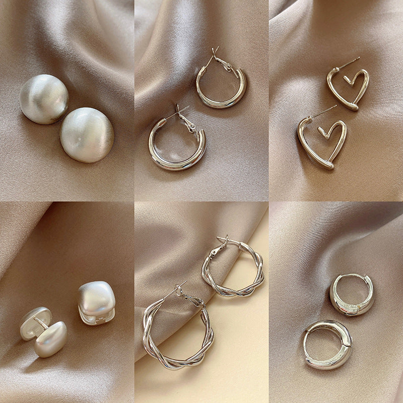 925 Silver Needle Hong Kong Style Retro Metal Earrings Women's High-Grade Geometric Simple Bracelet Ear Clip All-Match Exaggerated Commuter Earrings