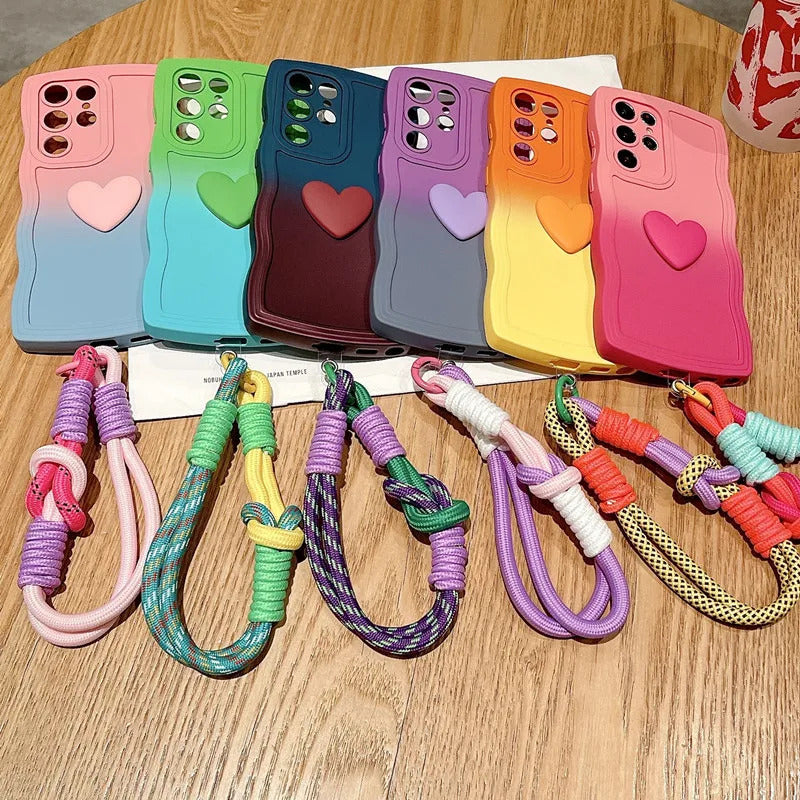 Love Heart Gradient Wrist Strap Case For Samsung Galaxy S25 Ultra S24 FE S23 S21 S20 S22 Plus Note 20 A55 A535 A25 A15 5G A05s