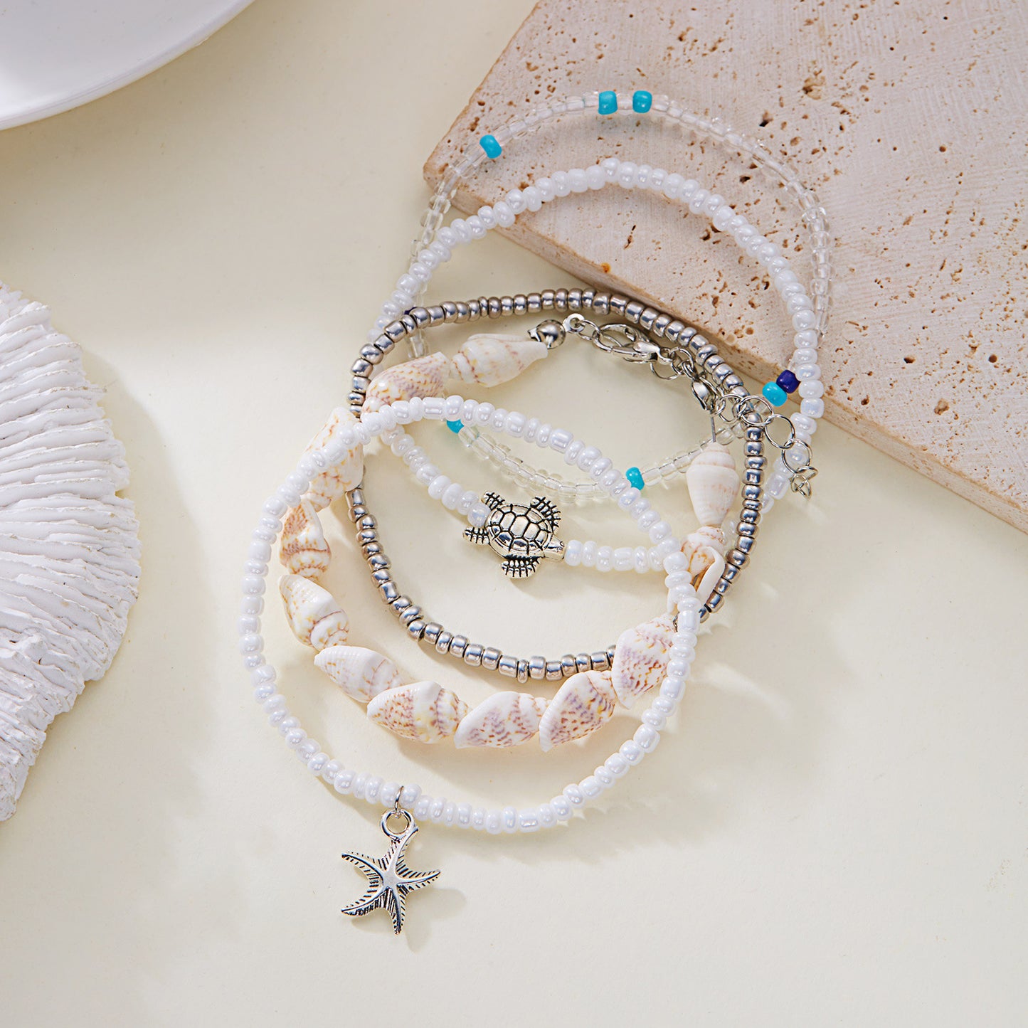 Bohemian Style Beach Vacation Conch Starfish Turtle Seed Bead Bracelet for Women